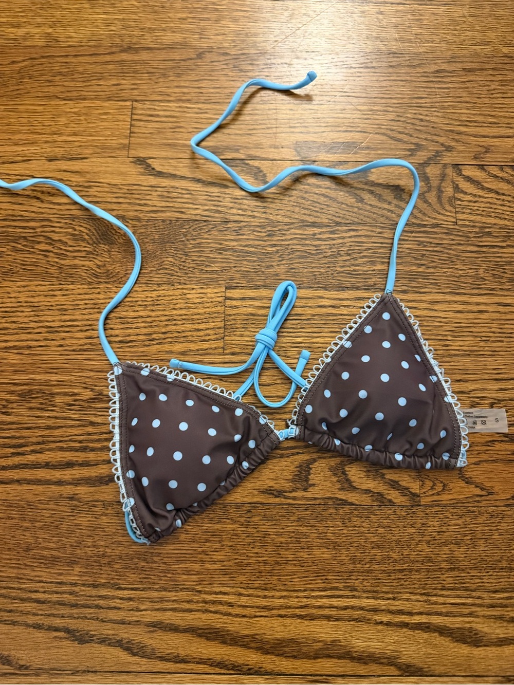 SHEIN Brown Polka Dot Triangle Bikini Top with Light Blue Straps